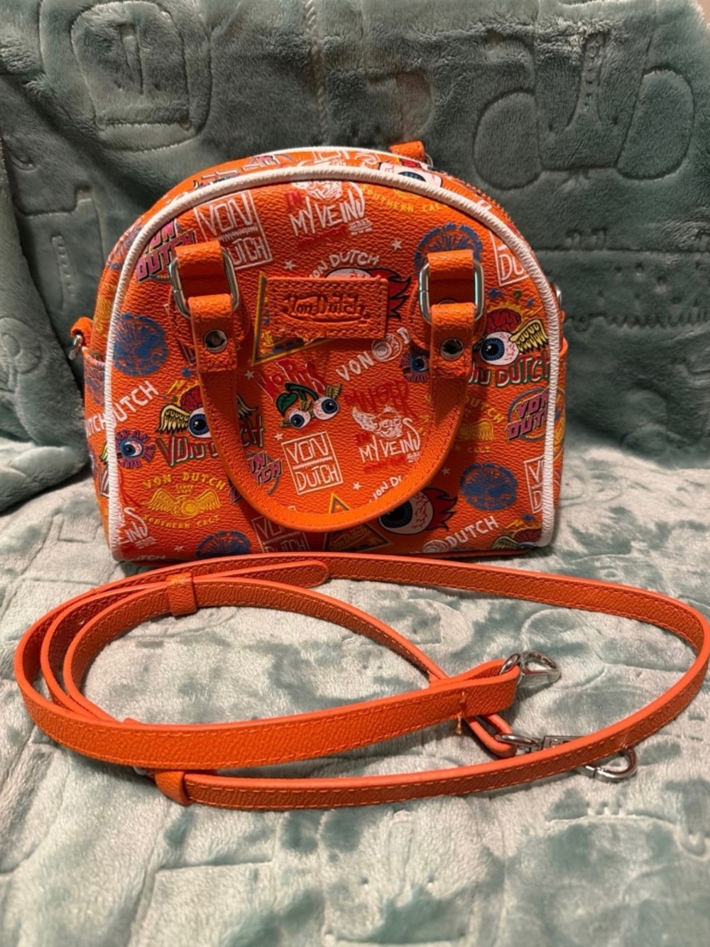 Von Dutch Orange Graphic Print Mini Satchel Crossbody Bag